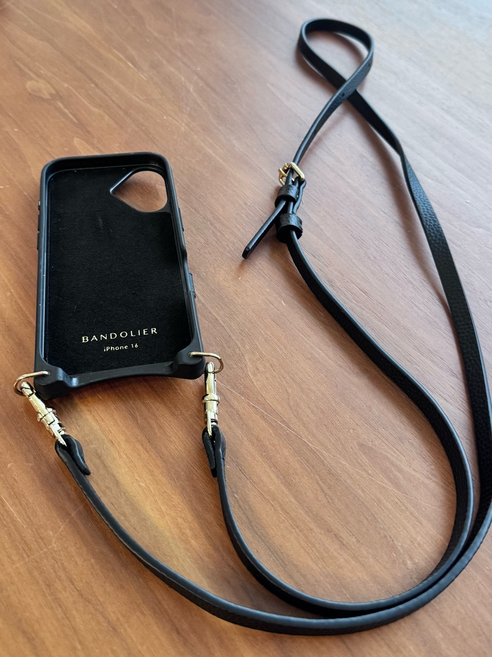 Bandolier Mila Black Leather Crossbody Strap Case with Gold Hardware IPhone 16